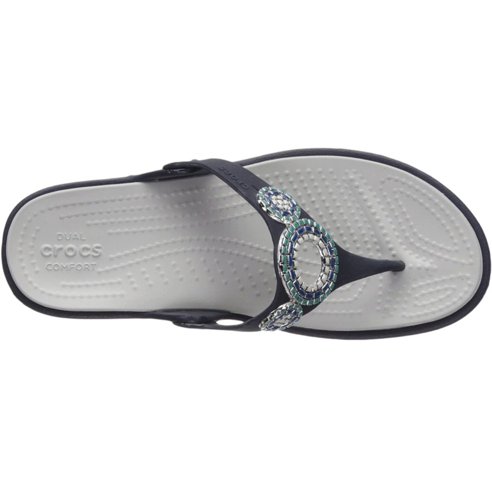Crocs Sanrah Diamanté Wedge Flip Sandals Size 5 Navy Embellished New